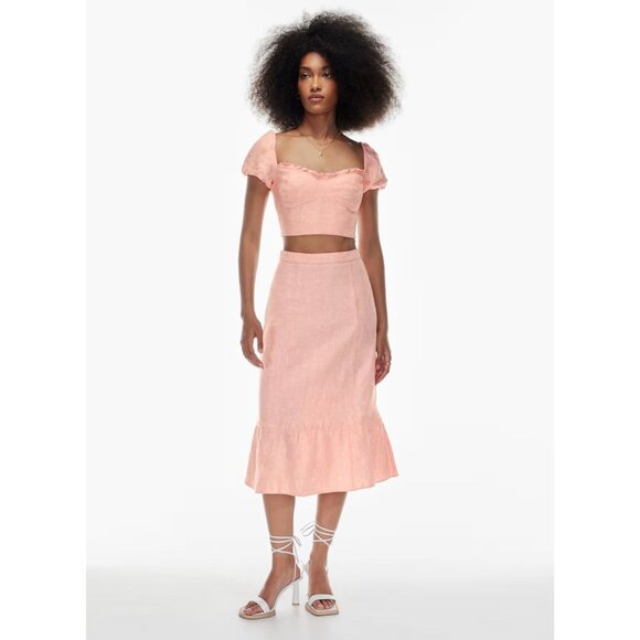 Aritzia WILFRED Wander Coral Linen Cropped Puff Sleeve Bustier Blouse, Size M - Picture 10 of 14